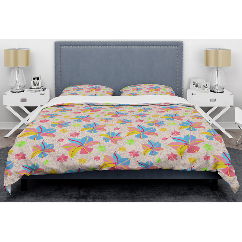 Ensemble de housse de couette à fleurs mid-century rétro, Housse simple + 1 taie décorative