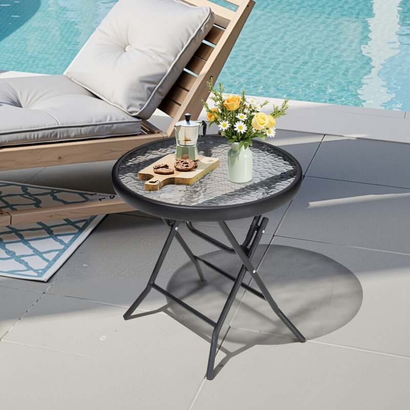 Table d'appoint d'extérieur pliée avec plateau rond en verre Hicham L 17,7 po x l 17,7 po, 1, Noir
