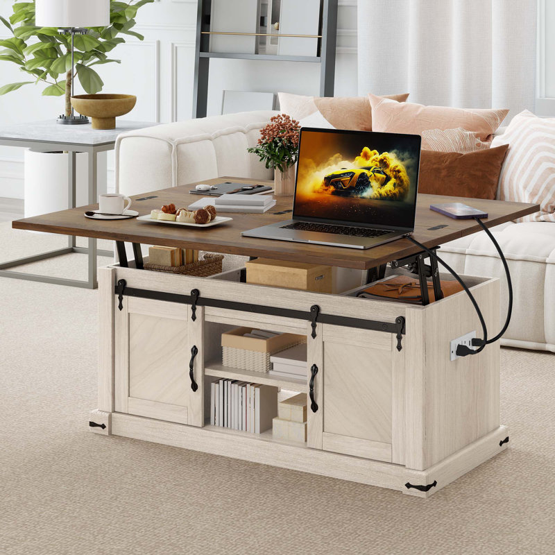 Extendable Lift Top 39.4"W Rectangular Coffee Table, Dinning Table With Sliding Barned Door Cabinet, Lifting Storage Compartment & Power Outlets