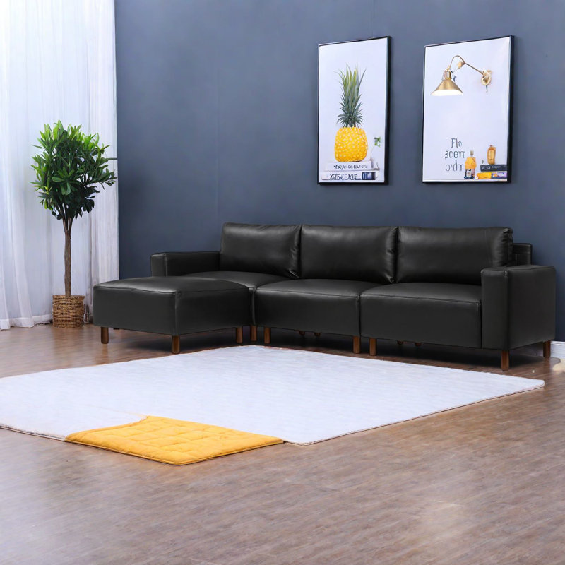Canapé modulaire moderne spacieux avec repose-pieds convertible, cuir synthétique de qualité, noir