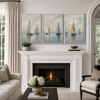 Doux bleu voilier, art de paysage marin, photos de salon, impression sur toile encadrée, 3 pièces
