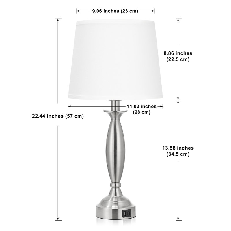 23'' Modern Metal Table Lamp Set with Touch Control and USB A&C, White Shade / Silver Base