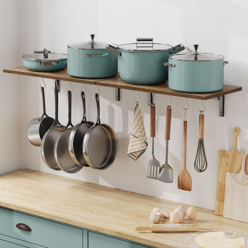 Ensemble de 2 supports suspendus pour casseroles de 23,6 po fixés au mur avec 10 crochets en S, ensemble de 2 grandes tablettes murales pour ustensiles de cuisine et ustensiles de cuisine