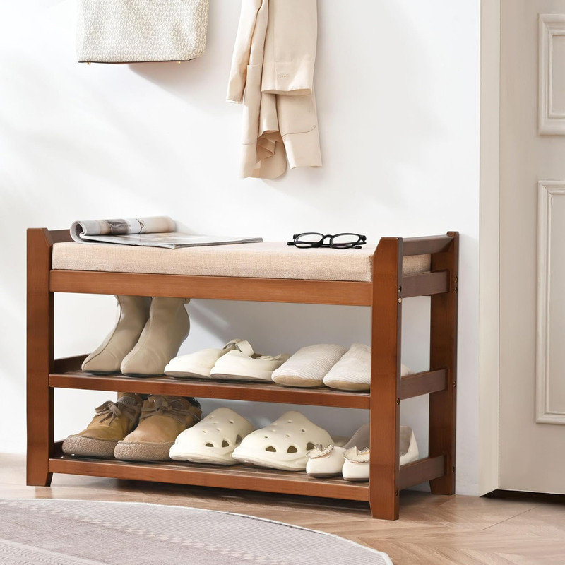 Bamboo Shoe Rack Bench with Beige Cushion and Storage