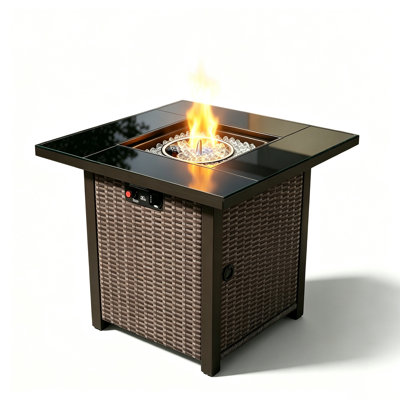 28" Propane Gas Fire Pit Table, Rattan Material Fire Pit with Lid and Lava Rock,50000 BTU Wicker Square Fire Pit for Patio Deck Garden Backyard,Add Warmth to Gatherings