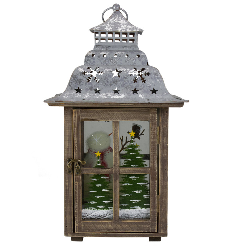 Rustic Wooden Snowman Christmas Lantern with Silver Roof, 16.5"