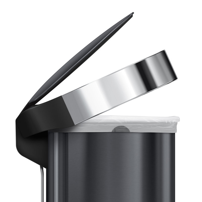 simplehuman Semi-Round Hands-Free Kitchen Step Trash Can with Soft-Close Lid, Black Stainless Steel