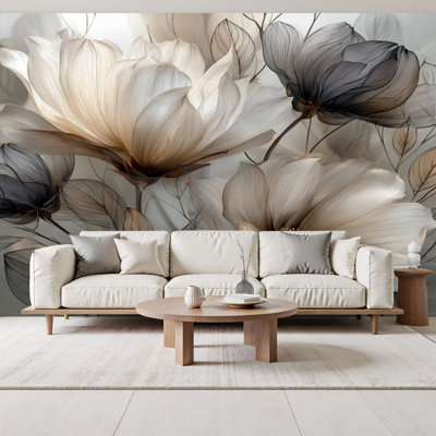 Boho Peel and Stick Wallpaper Ethereal Black White Floral Soft Grey Wall Murals 69"H x 96"W Removable PVC Wall Paper Self-Adhesive Botanical Wall Decor for Bedroom Living Room