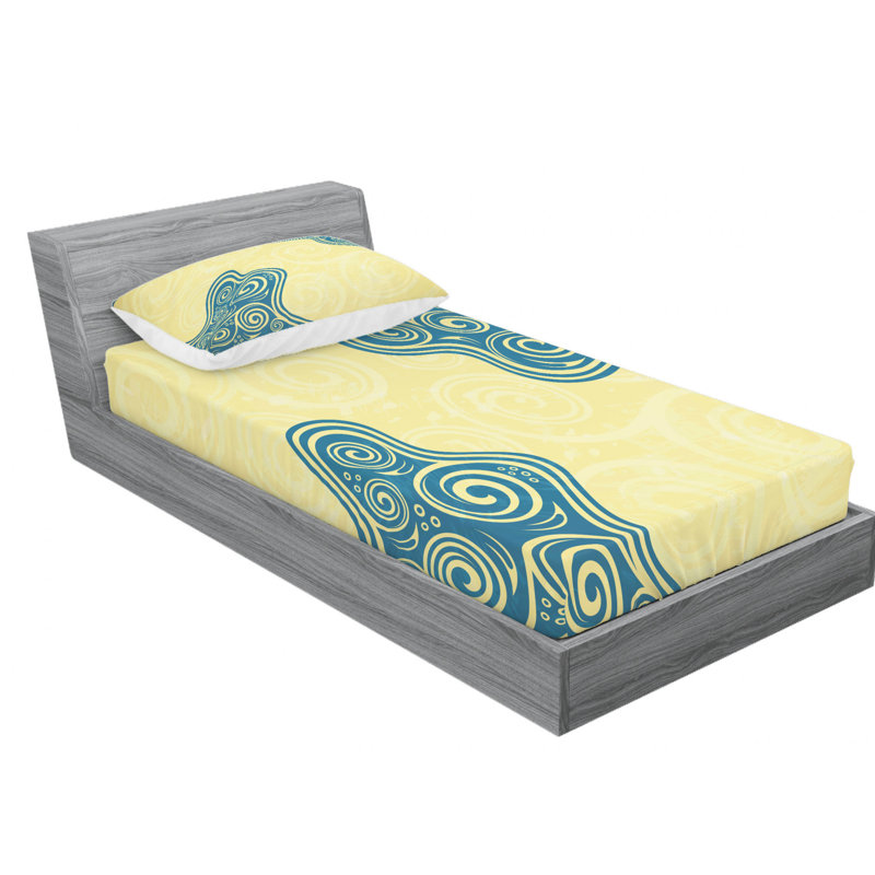 Cadre avec ensemble de draps abstraits tourbillonnants ornés, Ensemble de draps pour lit simple avec drap-housse