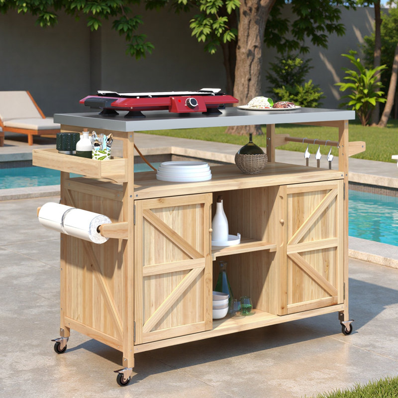 Îlot de cuisine extérieur avec armoire de rangement, plateau en acier inoxydable, support à épices et porte-serviettes