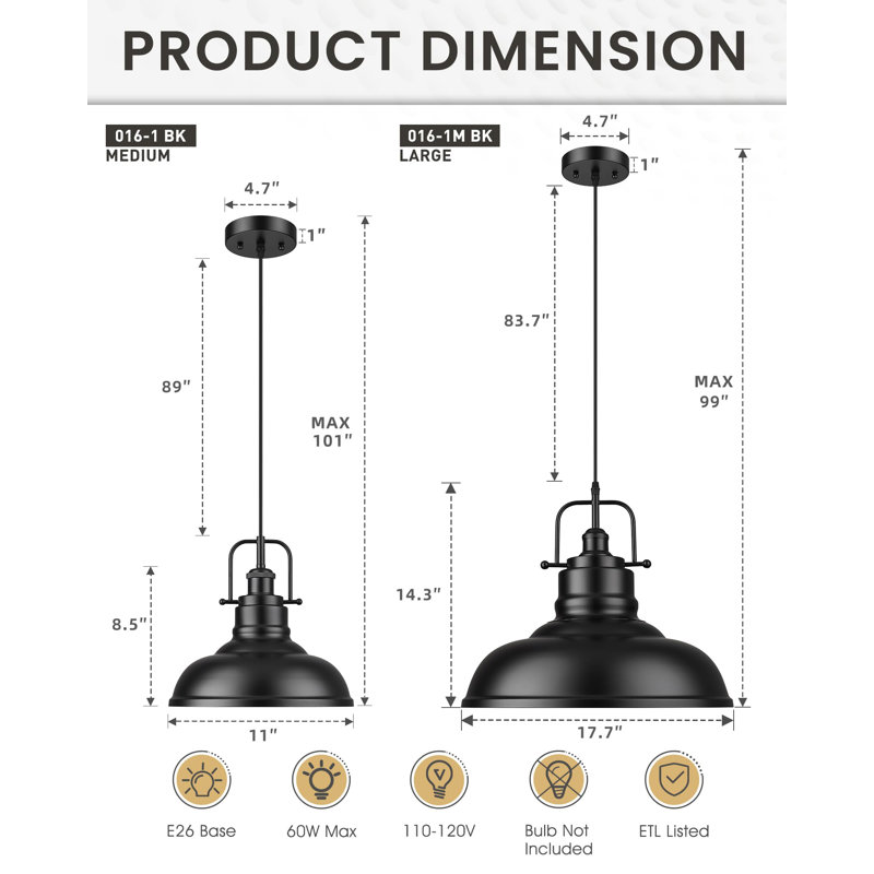2 Pack 17.7 Inch 1-Light Industrial Single Dome Pendant Light, 99" H x 17.7" W x 17.7" D, Matte Black