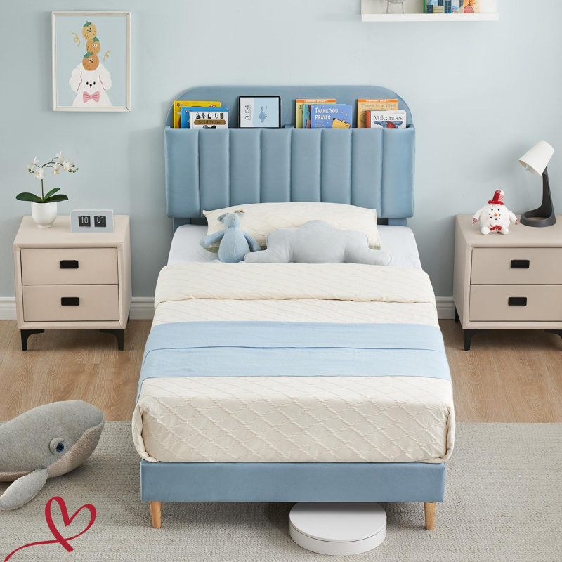 Twin/Twin XL Bed Frame with Storage Headboard Velvet Upholstered Platform Bedframe for Kids No Box Spring Needed, Blue/Twin