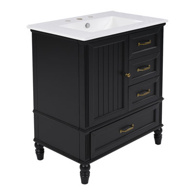30" Bathroom Vanity with Sink & Three Drawers, Solid Wood Legs & MDF Board, Adjustable Foot Pads