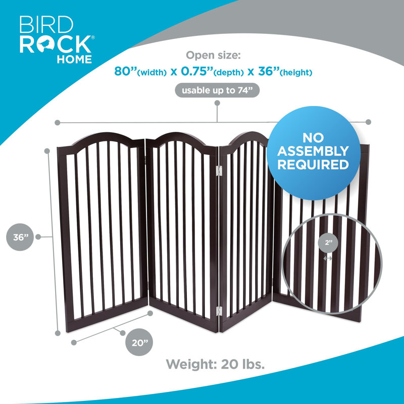 BirdRock Home Arched Top Dog Gate - 4 Panel, 36" H Wooden Pet Barrier for Dogs or Cats - Freestanding Folding Room Divider for Doorways, Hallways, Stairs, and Porch - Portable, Extra Wide - Espresso