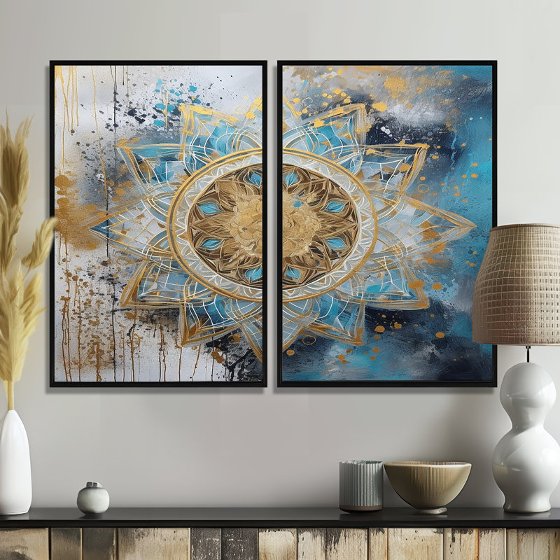 Art mural Mandala bleu et or II - Boho Mandala, Noir, H 36 po x l 48 po, Impression encadrée flottante