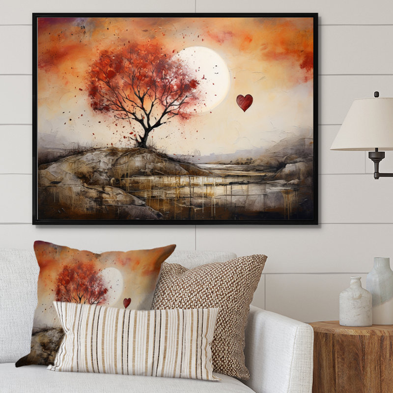 Paysage romantique avec fond de cœurs, Cadre flottant noir, H 12 po x l 20 po x P 1 po