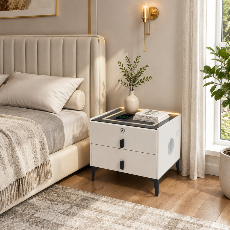 Smart Bedside Table with 2 Drawers, Bluetooth Speaker, Wireless Charging Station, USB Ports, LED Light and Fingerprint Lock, Modern Nightstand 19.70" W x 15.75" D x 18.11" H