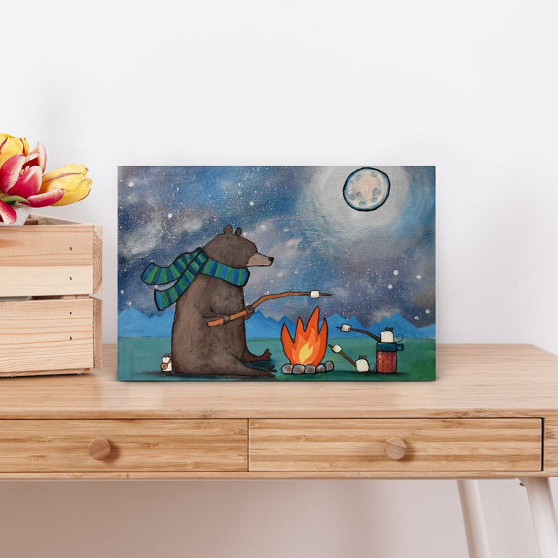 Bear Campfire Night Abstract Contemporary Bear Forest Landscape Wall Art Print by Andrea Doss - Wrapped Canvas Print