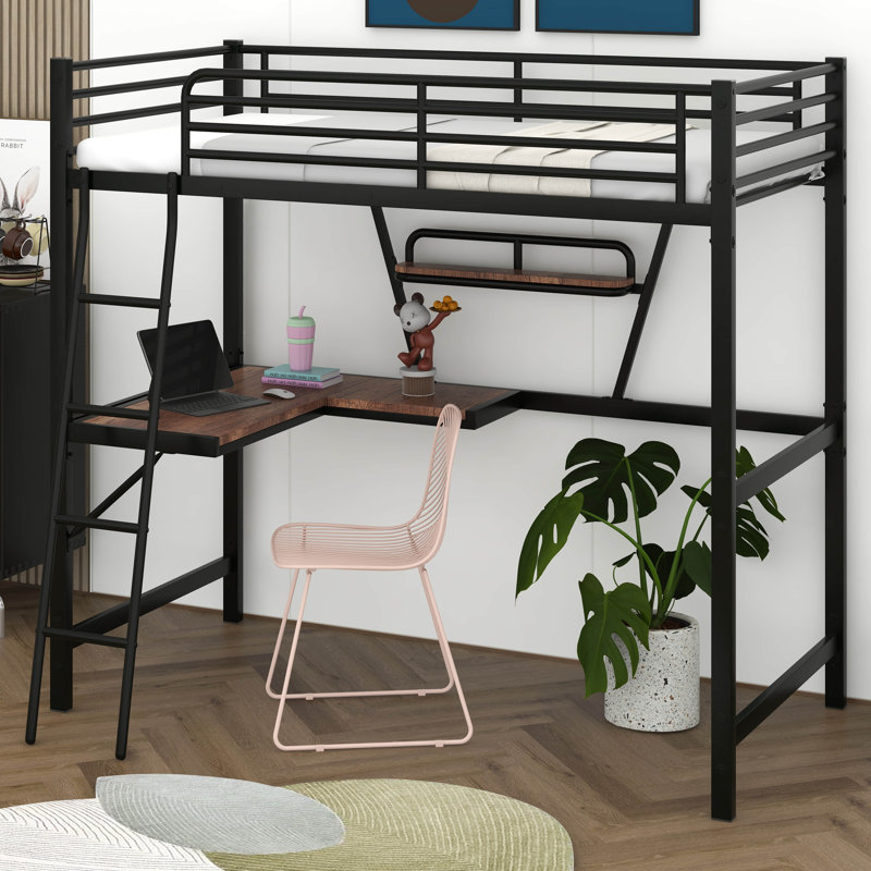 Lit mezzanine simple en métal et panneau de fibres à densité moyenne avec bureau et tablette, Noir