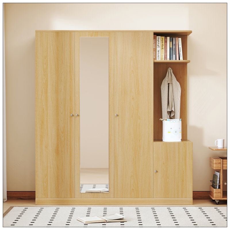 Armoire 4 portes avec tablettes, tiroirs et miroir pleine grandeur, Naturel