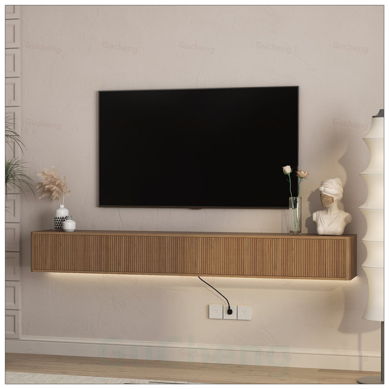 Meuble télé flottant, tablette murale avec lumières DEL et prises de courant, finition brillante pour les salons modernes