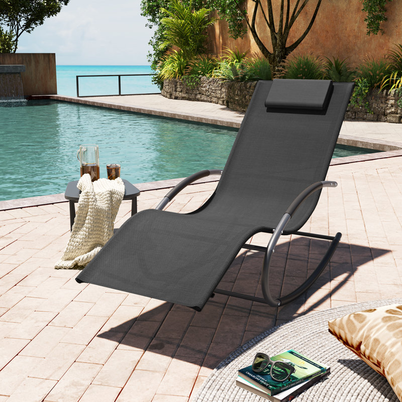 Blizzard Patio Rocking Chair Curved Rocker Chaise Lounge Chair with Pillow, Black