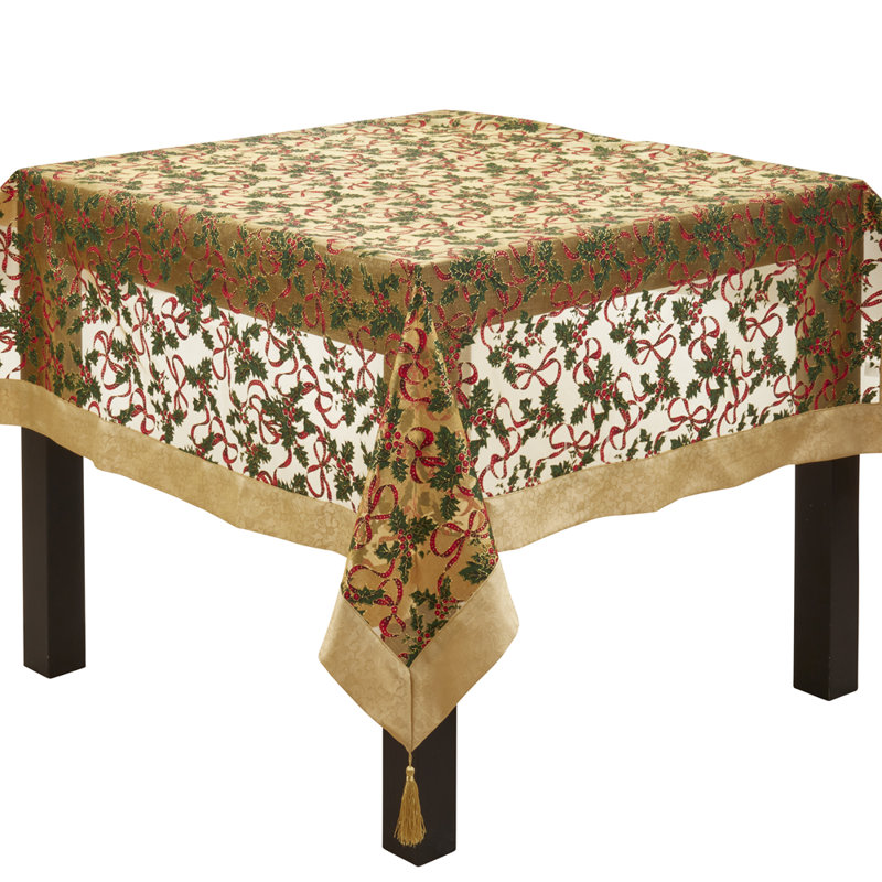 Gold Satin Border And Tassels Holly Ribbon Holiday Christmas Sheer Tablecloth, 36" W x 36" L