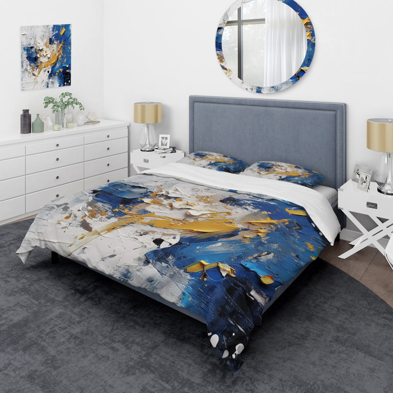 Ensemble de housse de couette en microfibre / polyester bleu jaune cubiste, Housse de couette pour très grand lit et 2 très