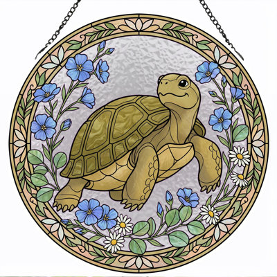 Turtle Floral Stained Glass Window Panel，7.8H