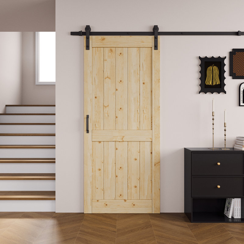 Porte de grange à panneaux en bois massif sans finition avec trousse de quincaillerie d'installation, 30 po x 84 po