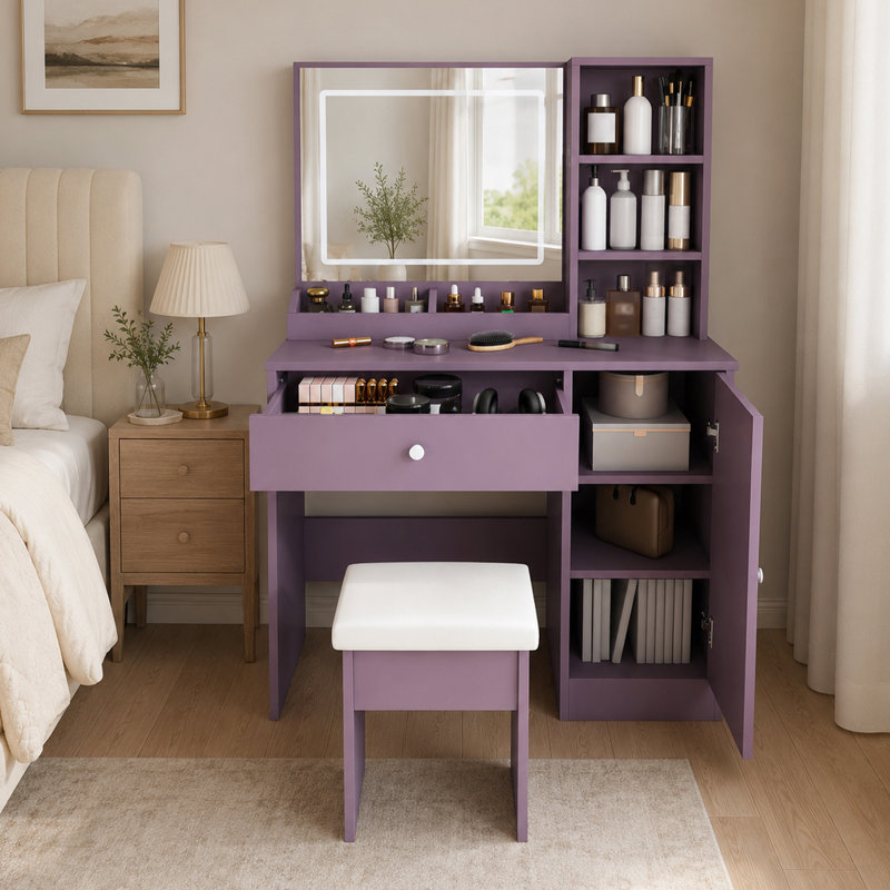 Coiffeuse Sarviel avec miroir à DEL 3 couleurs et tabouret