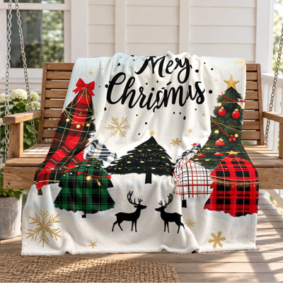 Plaid de Noël en flanelle avec imprimé Joyeux Noël, sapins à carreaux, rennes et flocons de neige
