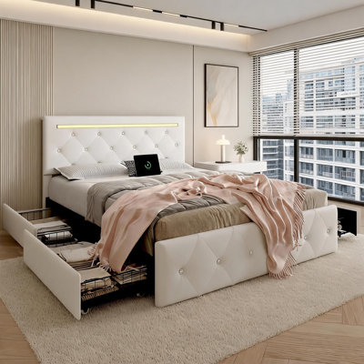 Upholstered Faux Leather Platform Queen Bed, Storage Bed with Adjustable Headboard and LED Lighting, white finish, no box spring required