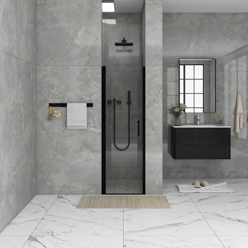 24 In. W X 72 In. Pivot Semi-Frameless Shower Door In Matte Black Finish