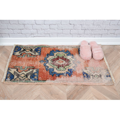 Vintage Turkish Handwoven Area Rug With Colorful Geometric Design in Blue Patterns for Bohemian Home Decor