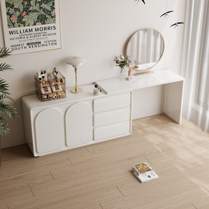 Fully Assembled Modern L-Shaped Desk Set with Drawers and Storage, Cream