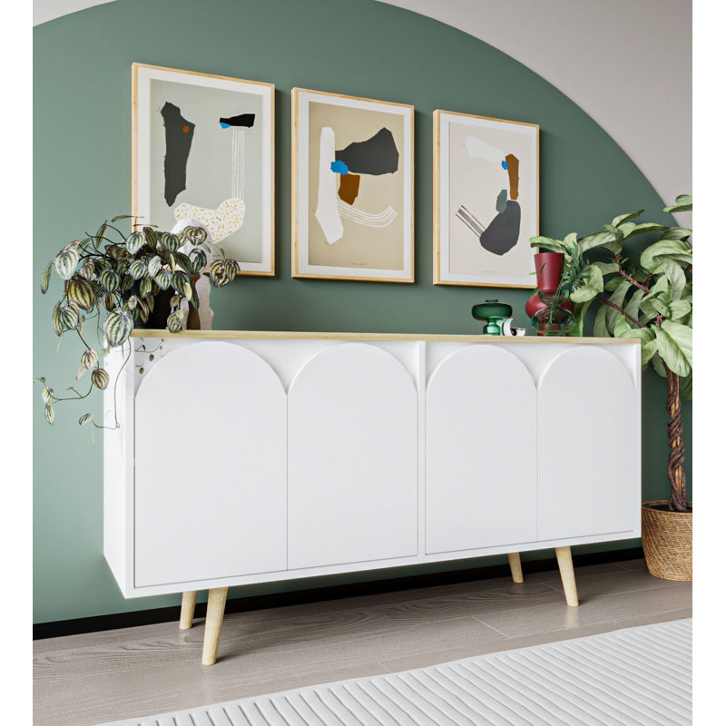 Lilliana Arched 4 Door Accent Sideboard With Wooden Legs, White/Sapphire Oak
