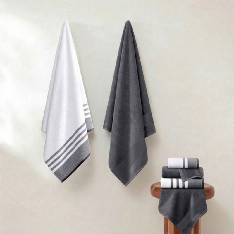 Modern Threads 6 Piece Set, 2 Bath Towels, 2 Hand Towels, 2 Washcloths, Quick Dry White/Contrast Reinhart, Coal