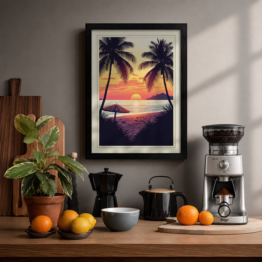Tropical Sunset Palms Coastal - Framed Print