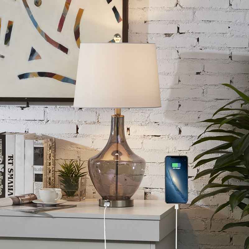Lampe de table en verre de 66 cm de hauteur, à intensité variable (3 niveaux), avec port USB, idéale pour la chambre ou la table de chevet.
