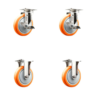 5 Inch 316SS Polyurethane Swivel Top Plate Caster Set 2 Brake 2 Rigid SCC