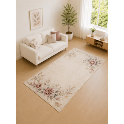 Tapis de coin crème et rose à motif de bouquet de 5 pi x 7 pi pour salon, chambre à coucher et bureau à domicile «Ultra Léger», tapis doux à poils courts avec envers en silicone antidérapant