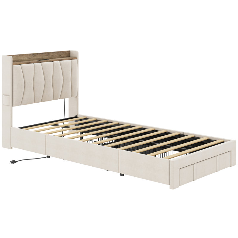 Upholstered Bed Frame with 3 Drawers, Bed with Storage Headboard and Charging Station, Beige, Twin XL