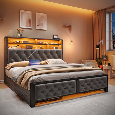 Bed With Headboard,upholstered Bed With 4 Storage Drawers,modern Bed Frame With Charging Station & Led Light