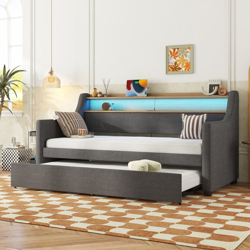 Wingo Upholstered Daybed With Trundle And LED Lights, Gray