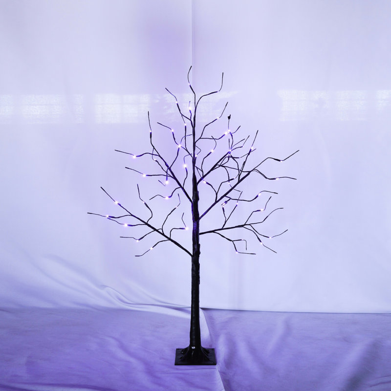 3 arbres avec lumières mauves - arbres artificiels noirs de 4 pi, 5 pi et 6 pi pour des vitrines créatives, pièce de système de branche articulée éclairée Spooky Glow, décor de maison hantée, vinyle ignifuge