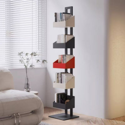 Étagère de rangement moderne à 5 niveaux, autoportante, en forme de zigzag, avec base, idéale pour ranger bouteilles de vin, collations et autres objets de décoration.