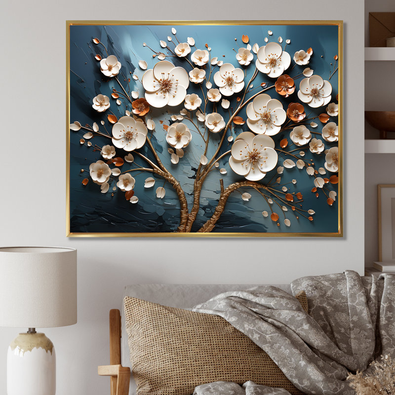 Orchidée blanche et bleue, arbre III - Art floral abstrait, Cadre flottant doré, H 24 po x l 32 po x P 1 po