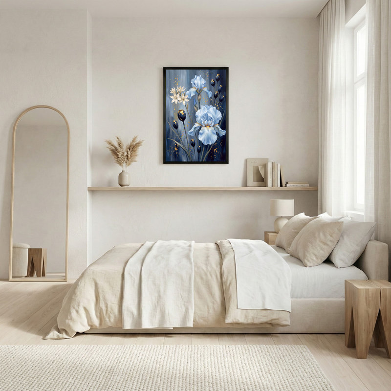 Tableau mural sur toile bleu foncé : iris bleus et fleurs blanches aux reflets dorés, 18"H x 12"W