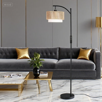 Lampe sur pied à DEL à DEL avec télécommande, température de couleur réglable à intensité variable, abat-jour en rotin et en tissu interchangeables, abat-jour réglable pour le salon, la chambre à coucher, le bureau